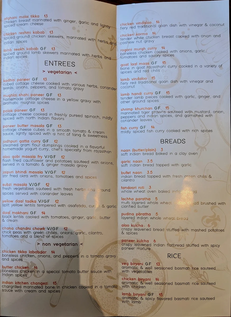 Menu, Inchin's Indian Kitchen