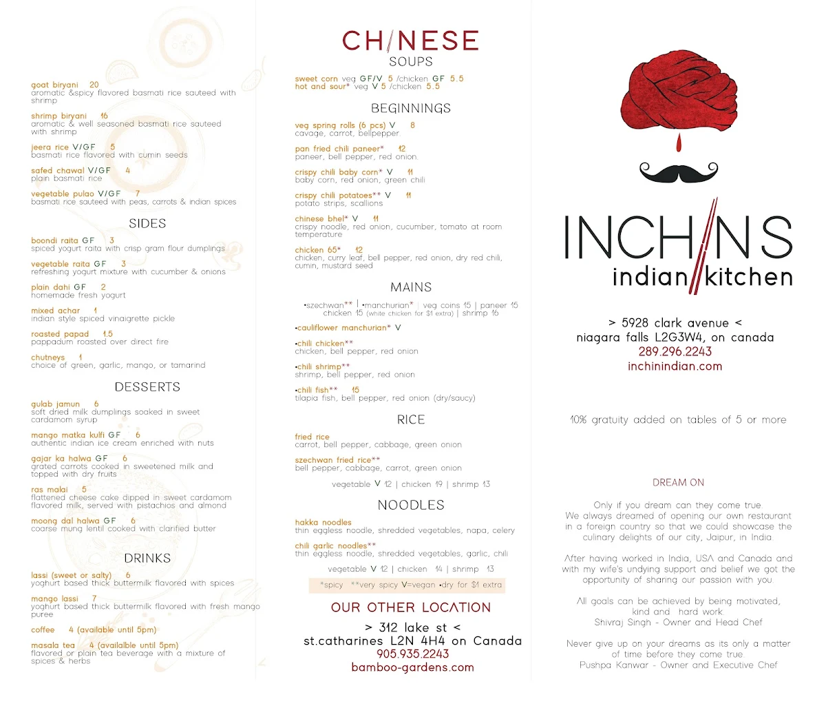 Menu, Inchin's Indian Kitchen