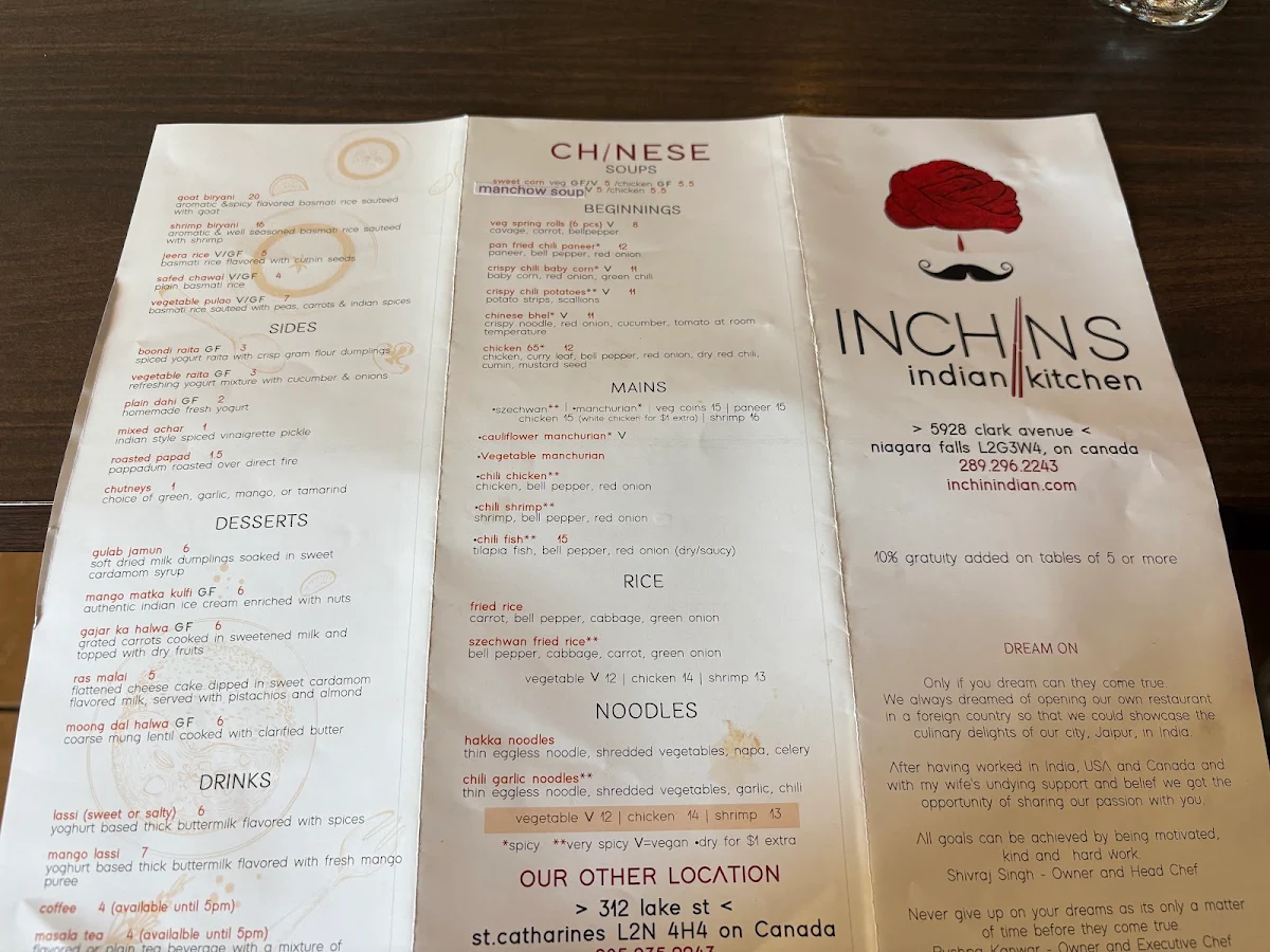Menu, Inchin's Indian Kitchen