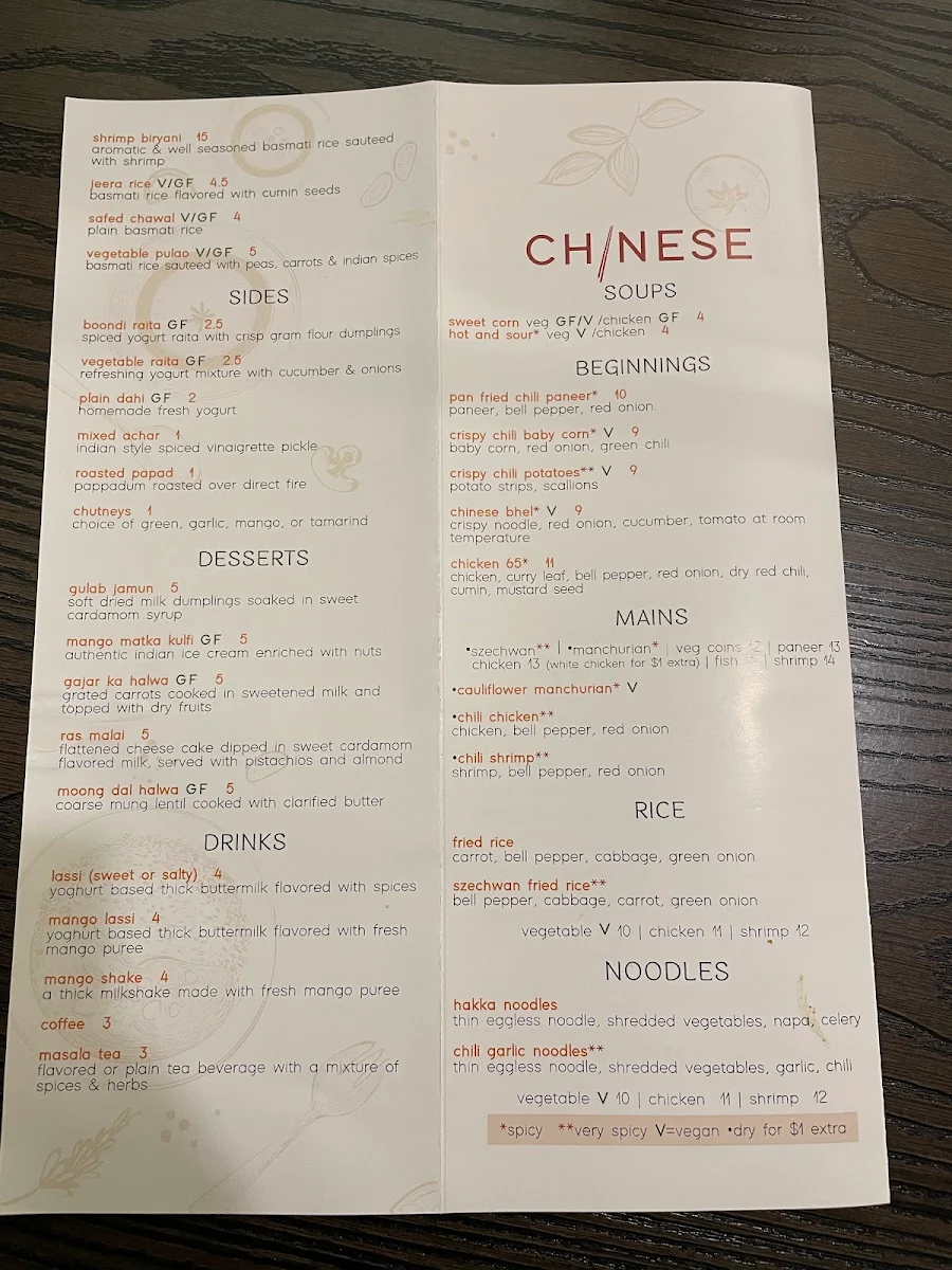 Menu, Inchin's Indian Kitchen