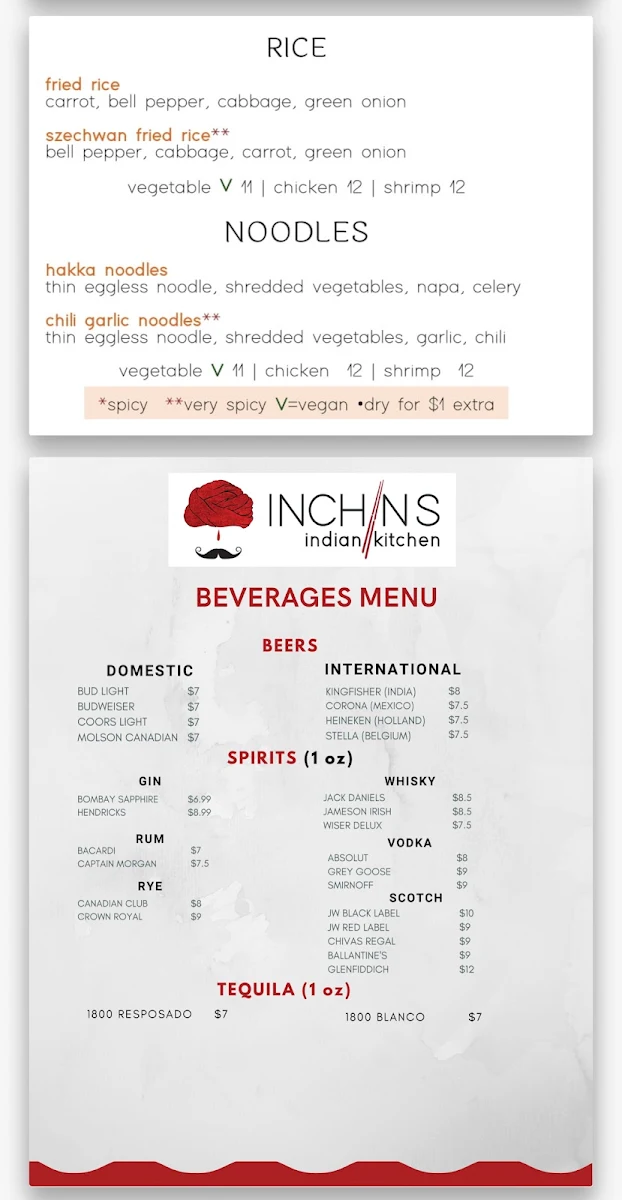 Menu, Inchin's Indian Kitchen