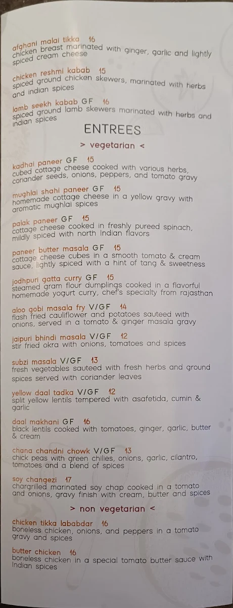 Menu, Inchin's Indian Kitchen