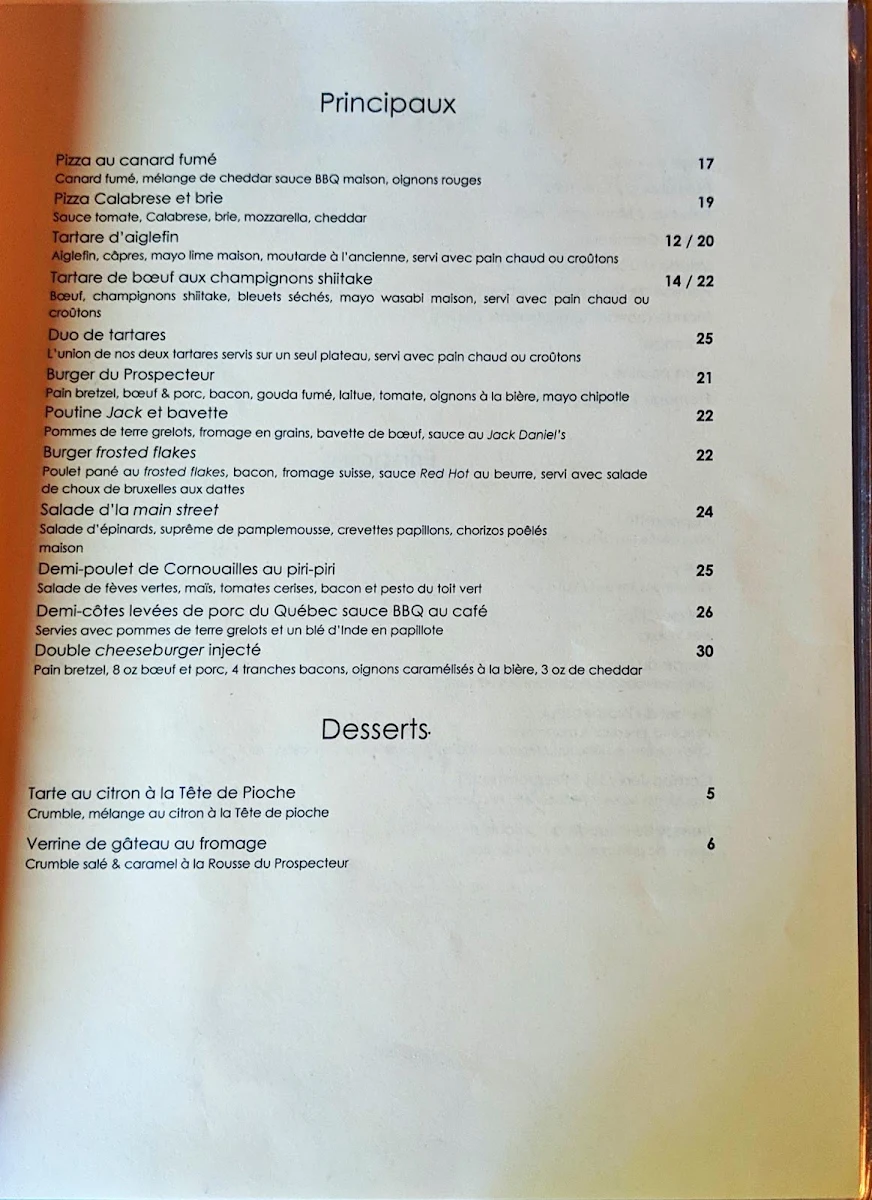 Menu, Le Prospecteur - Microbrasserie