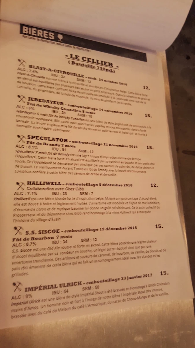 Menu, Le Prospecteur - Microbrasserie