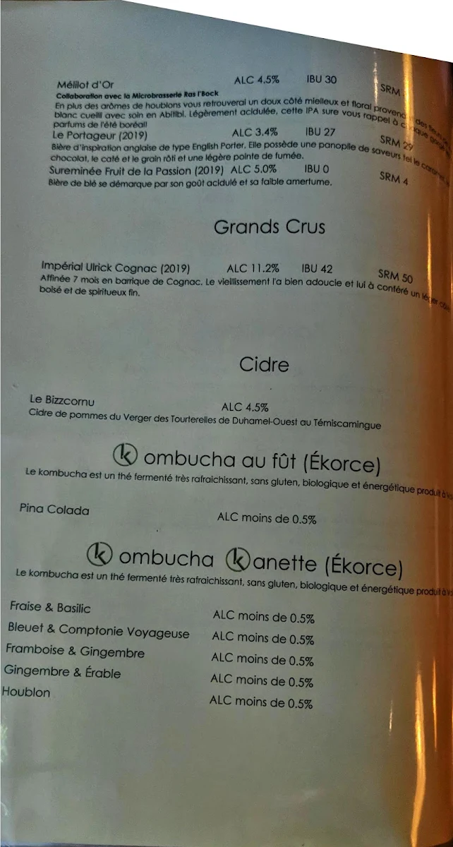 Menu, Le Prospecteur - Microbrasserie