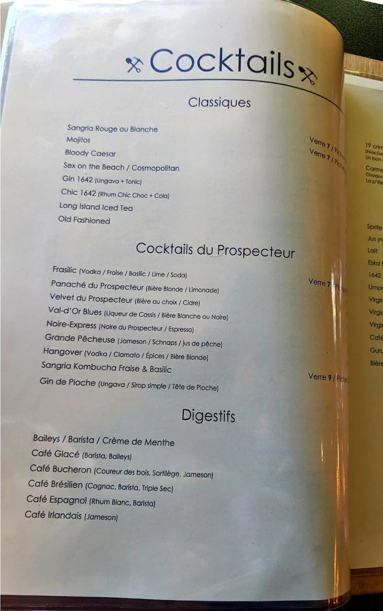 Menu, Le Prospecteur - Microbrasserie