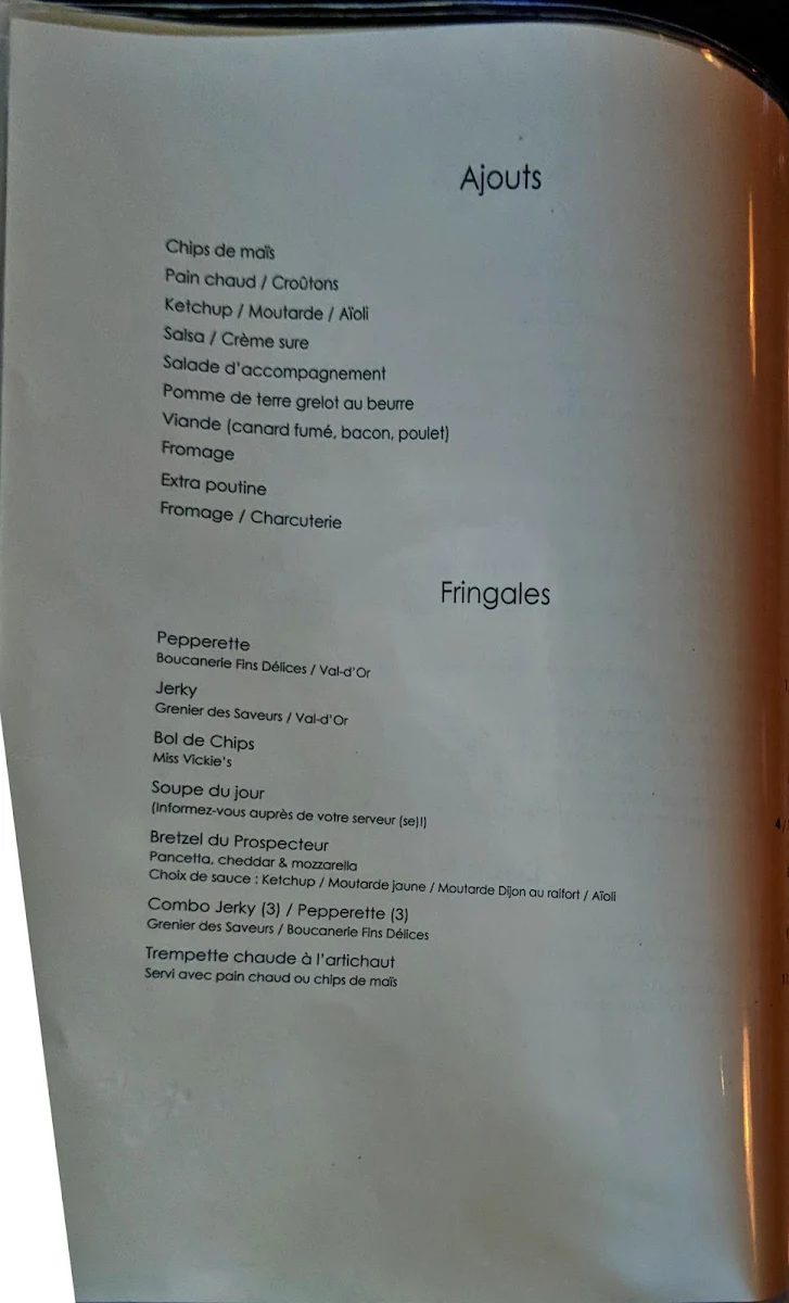 Menu, Le Prospecteur - Microbrasserie