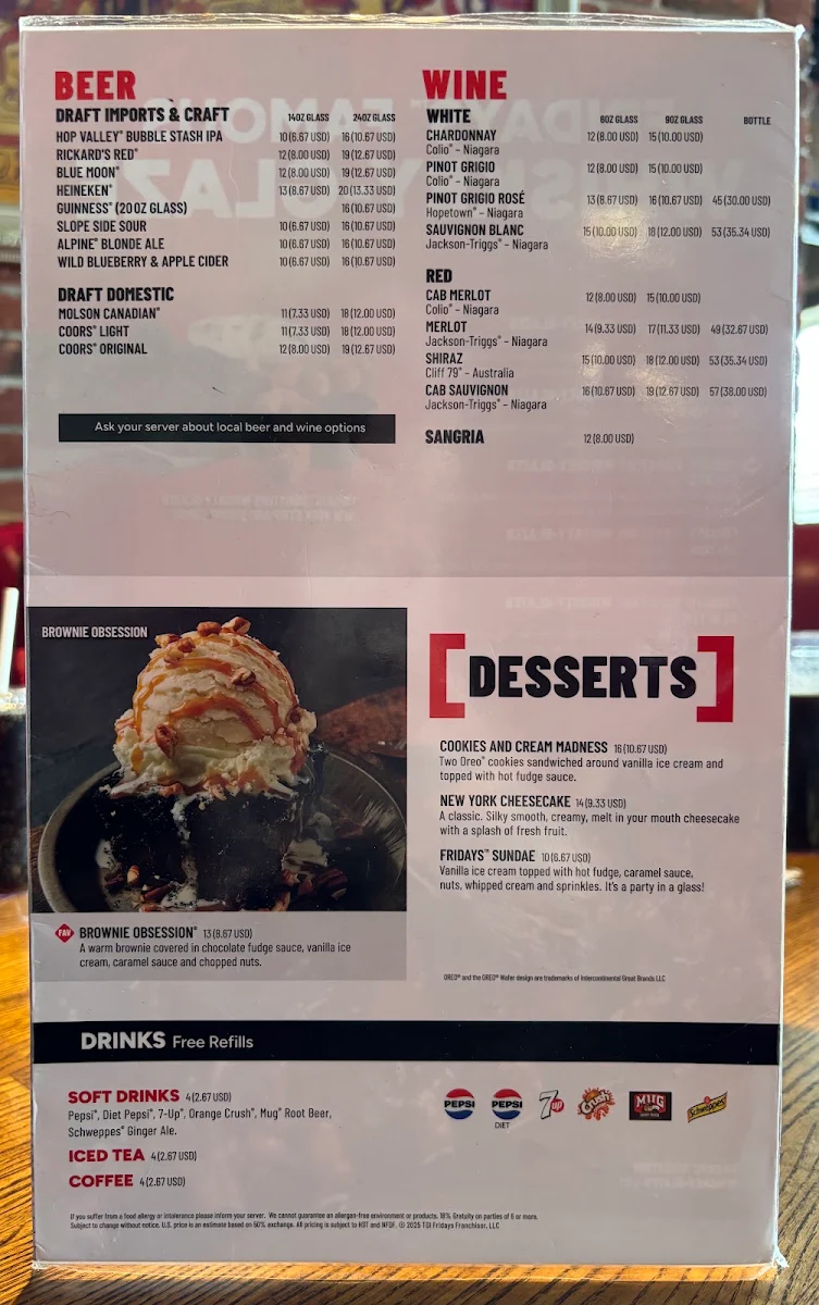 Menu, TGI Friday's