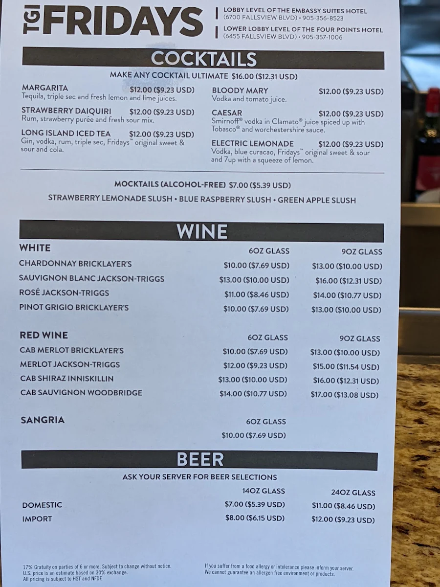 Menu, TGI Friday's