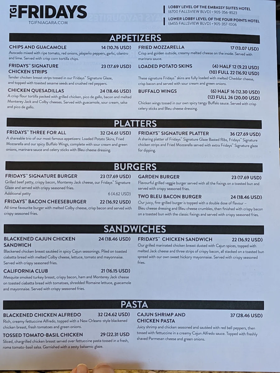 Menu, TGI Friday's