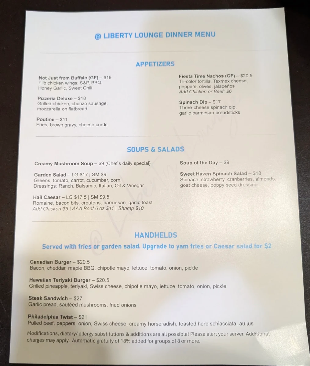 Menu, At Liberty Lounge