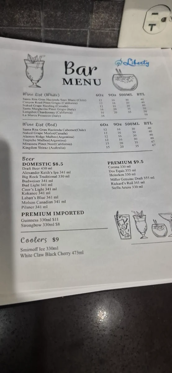 Menu, At Liberty Lounge