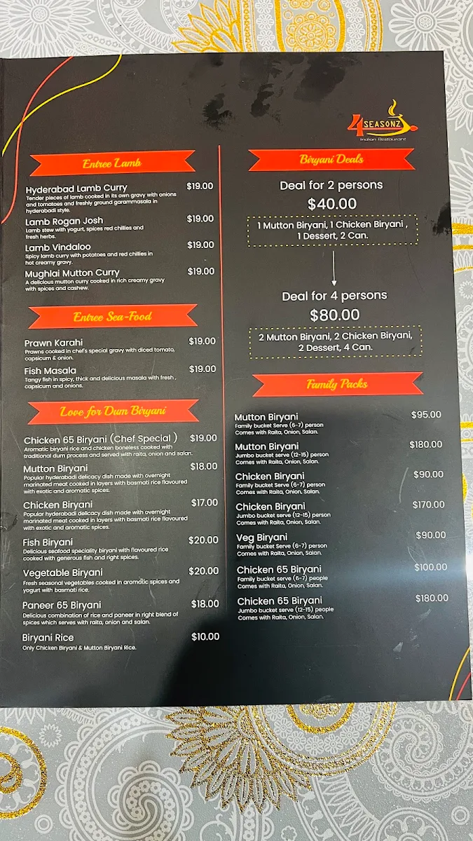 Menu, 4 Seasonz Indian Restaurant