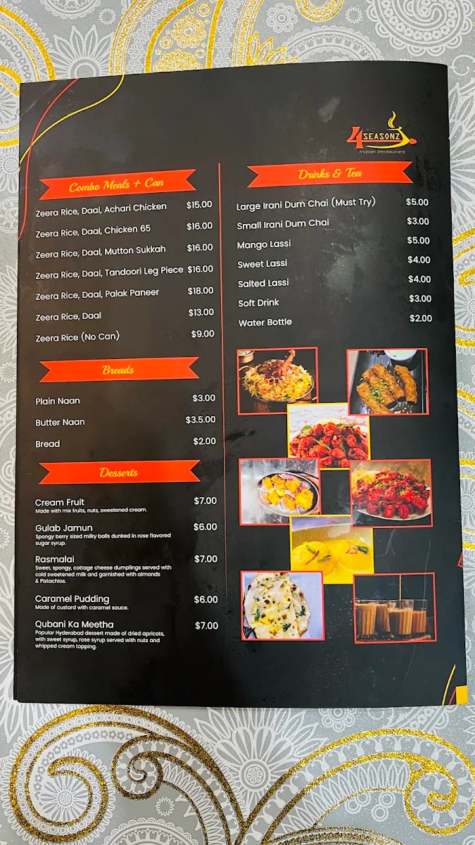 Menu, 4 Seasonz Indian Restaurant