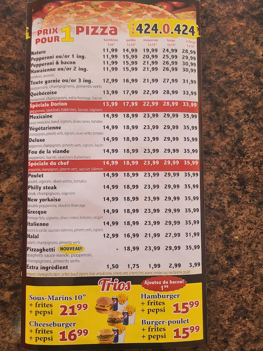 Menu, Pizza Gusta Dorion