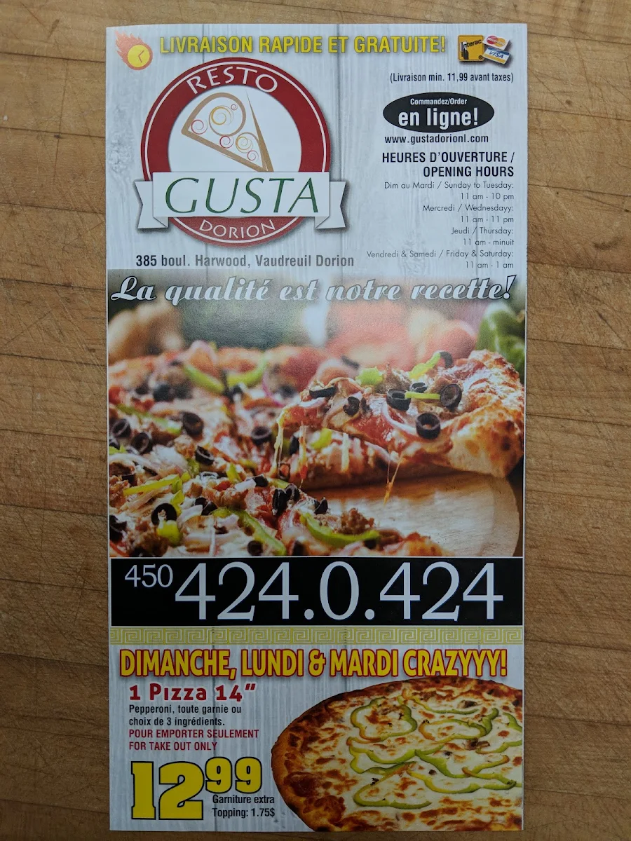 Menu, Pizza Gusta Dorion