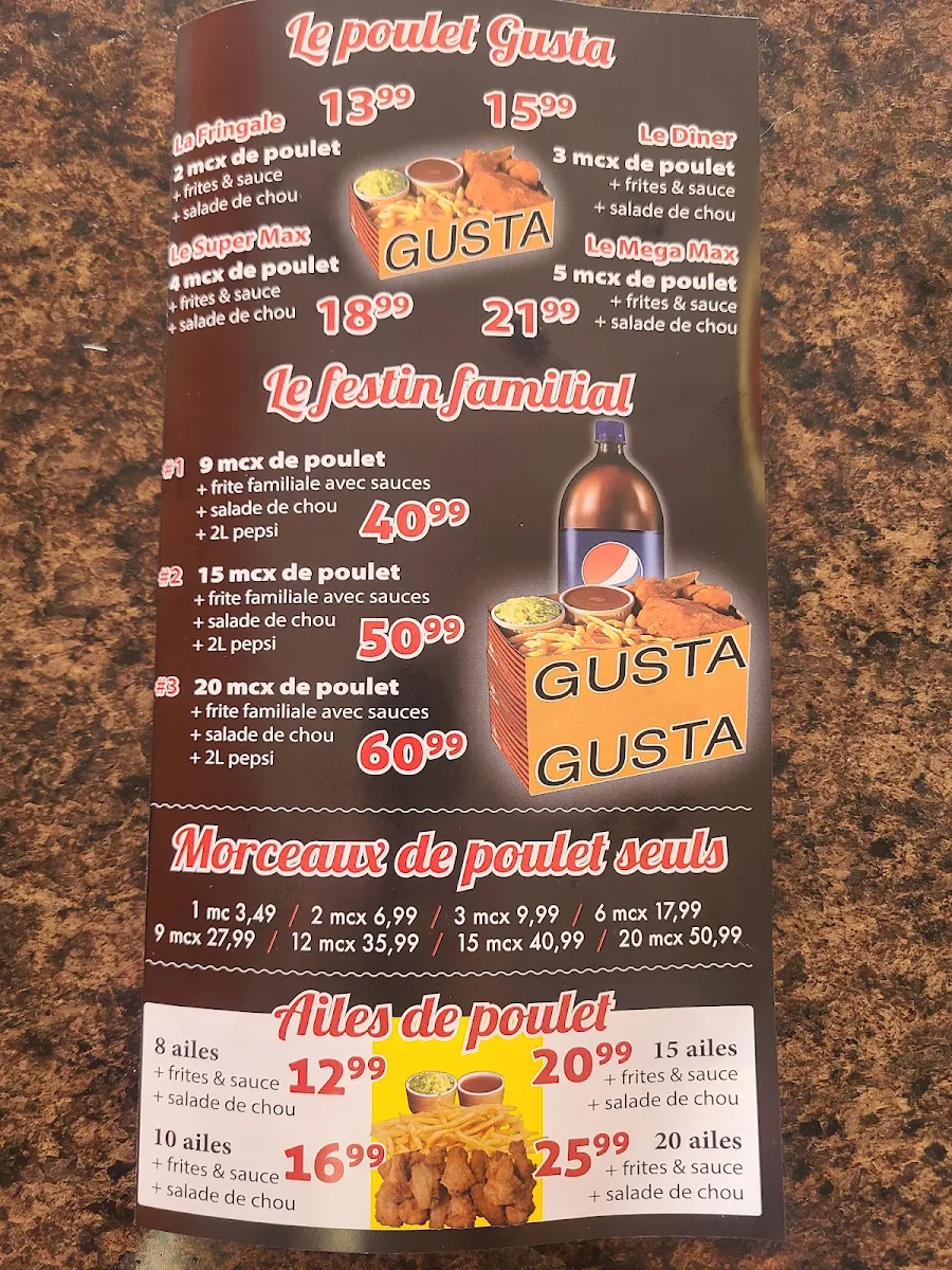 Menu, Pizza Gusta Dorion