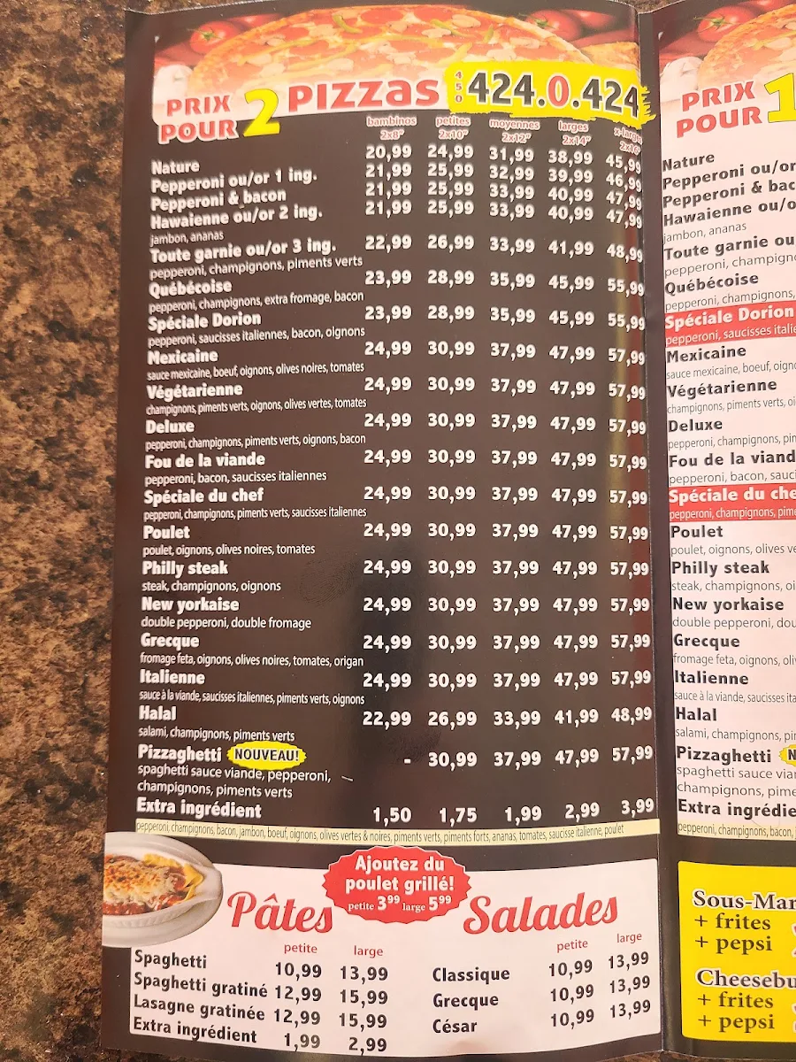 Menu, Pizza Gusta Dorion