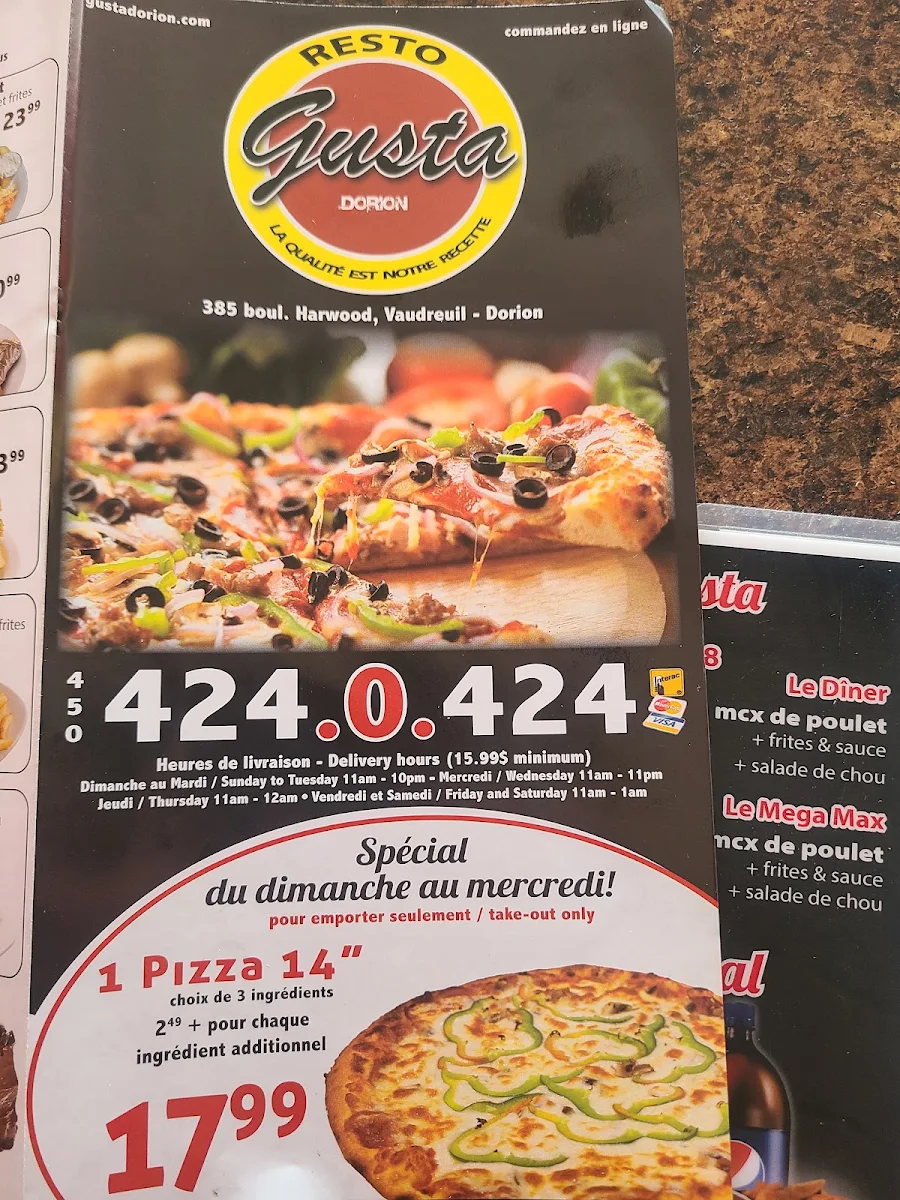 Menu, Pizza Gusta Dorion