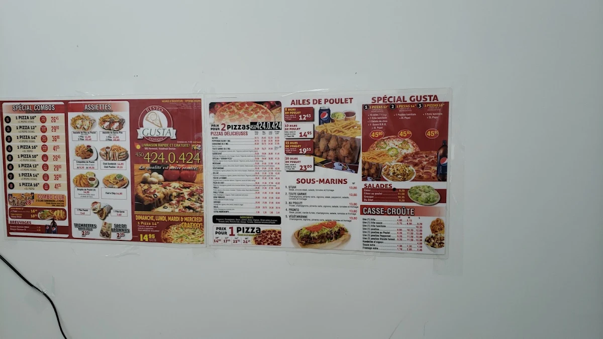 Menu, Pizza Gusta Dorion