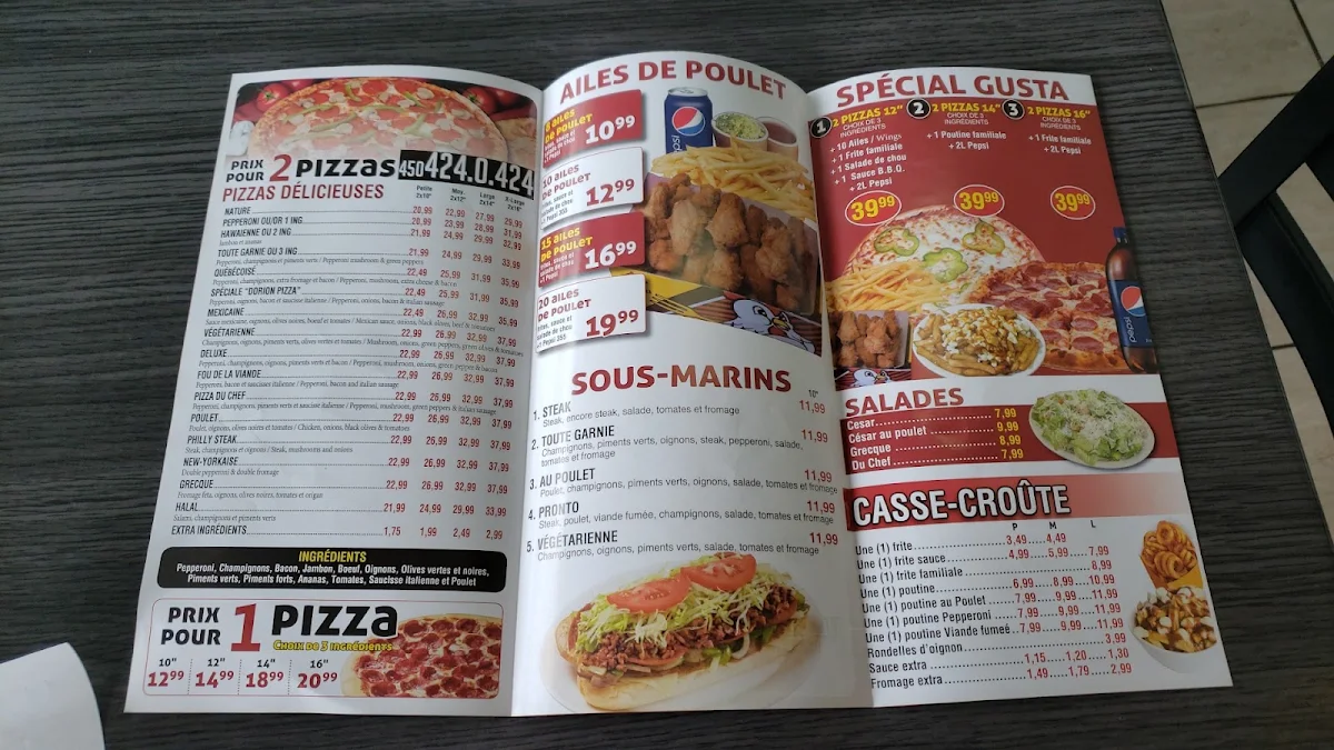 Menu, Pizza Gusta Dorion