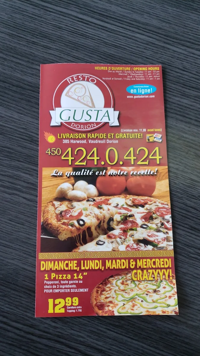 Menu, Pizza Gusta Dorion