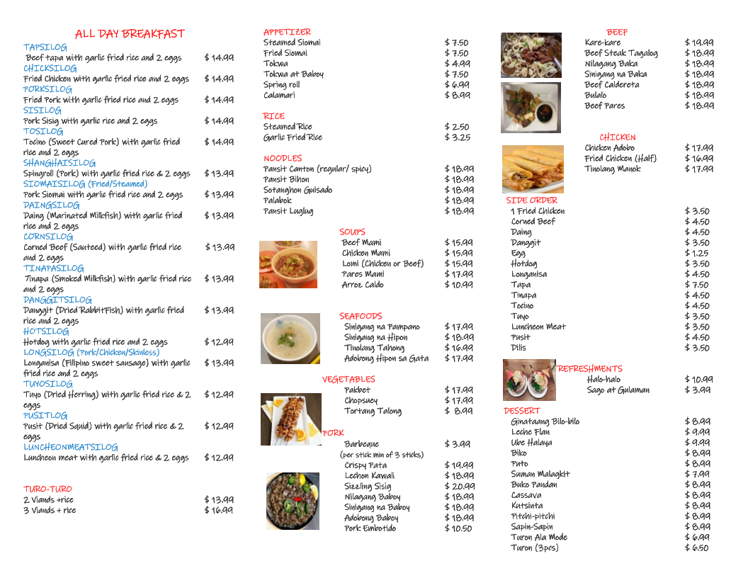 Menu, Tapsilog Filipino Cuisine