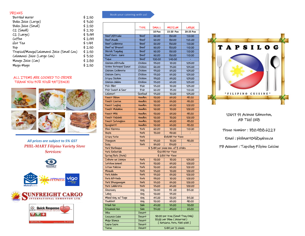 Menu, Tapsilog Filipino Cuisine