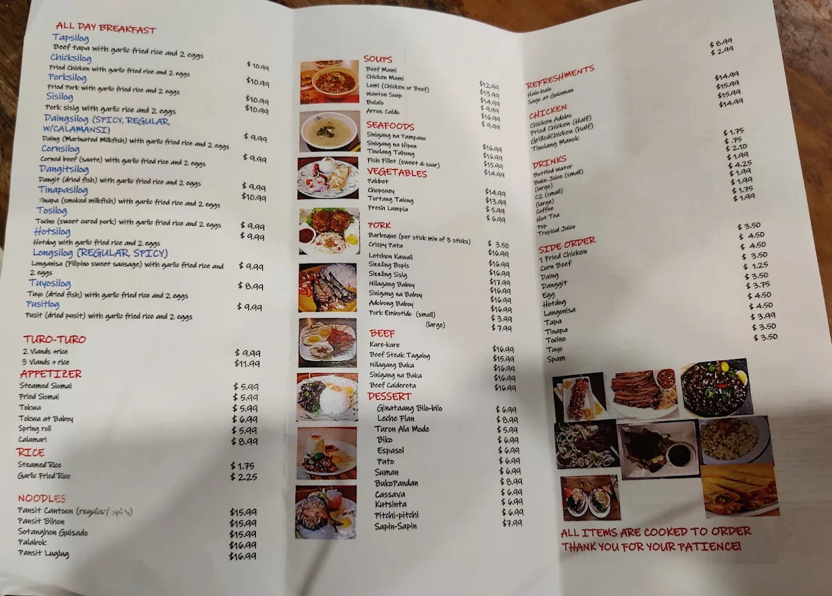 Menu, Tapsilog Filipino Cuisine