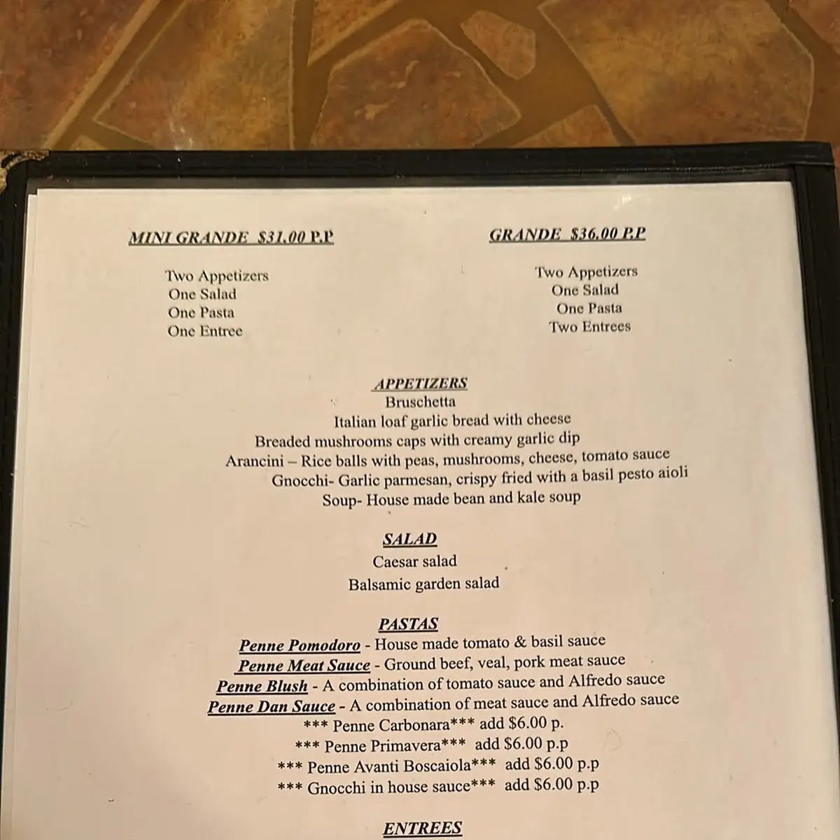 Menu, Ristorante Avanti