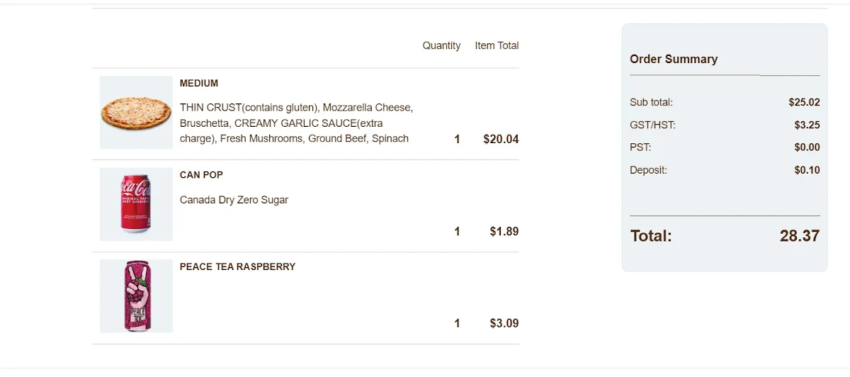 Menu, Pizza Pizza