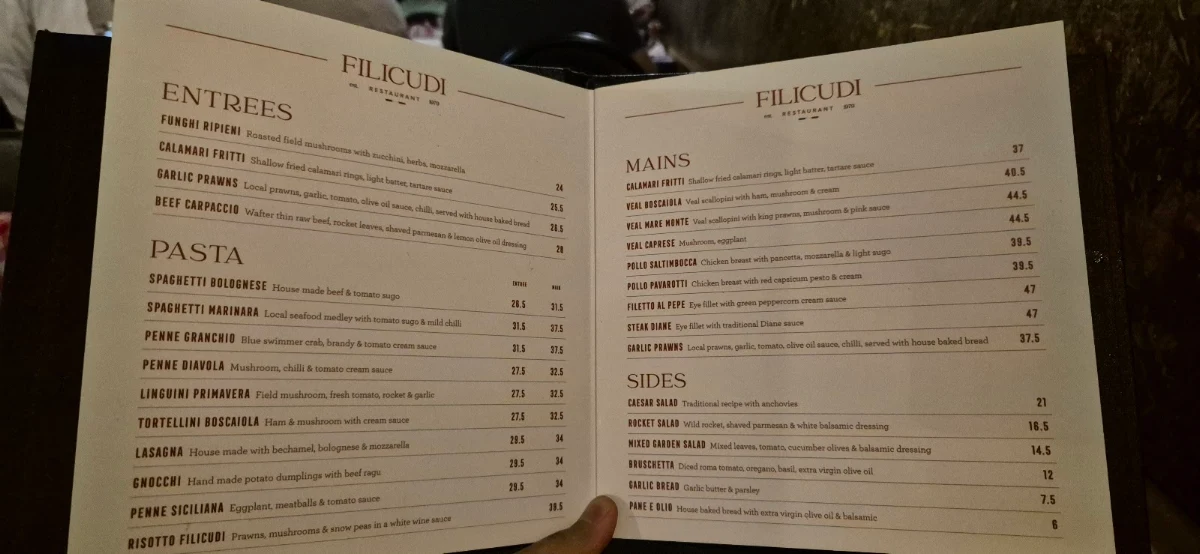 Menu, Filicudi Restaurant Five Dock