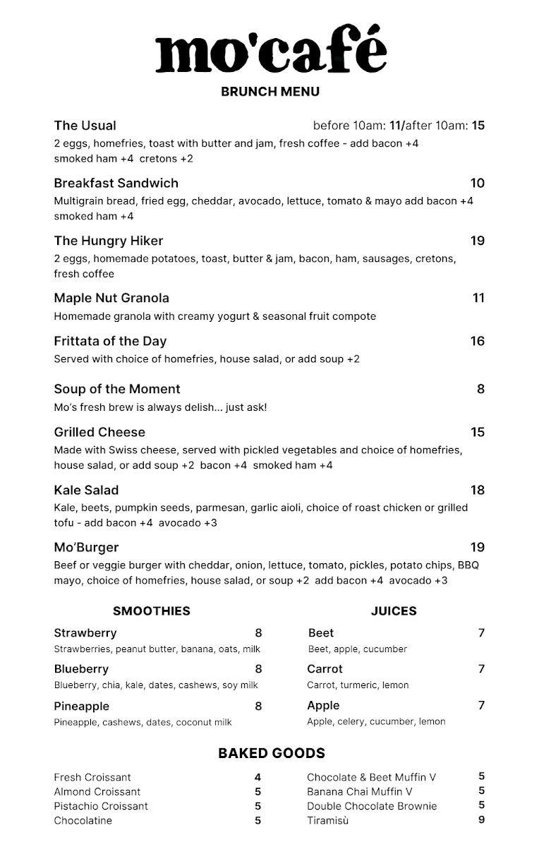 Menu, MO’CAFÉ
