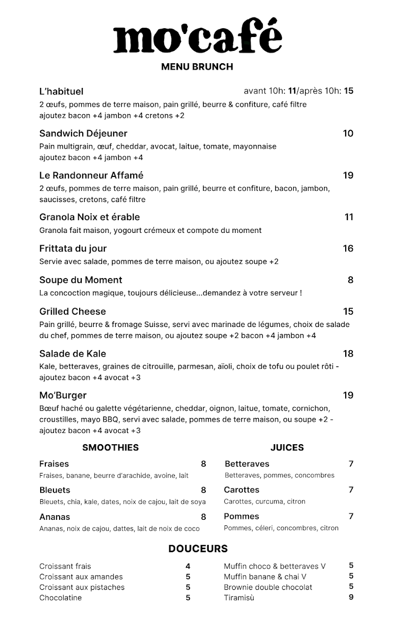 Menu, MO’CAFÉ