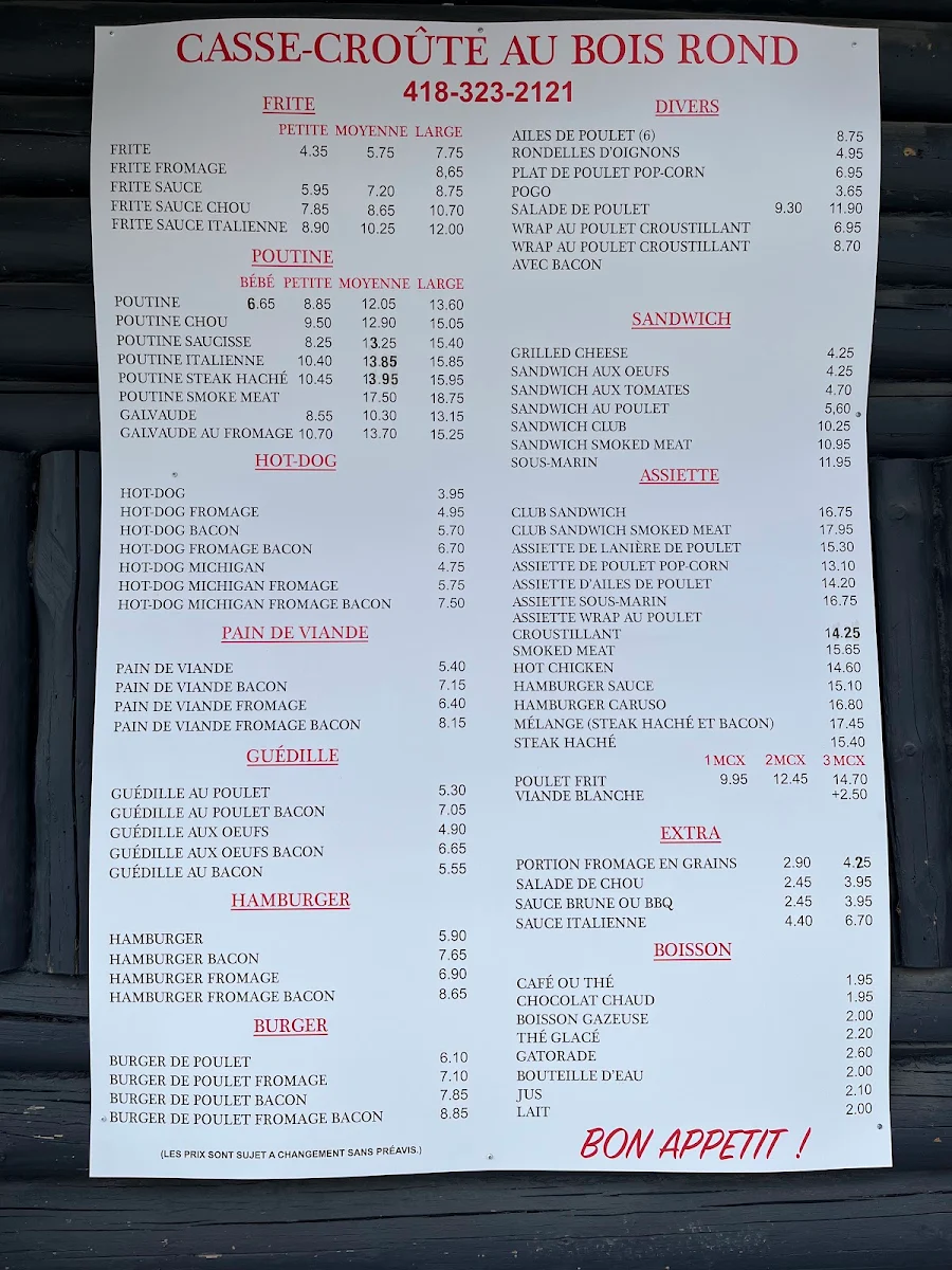 Menu, Casse-croute au Bois Rond