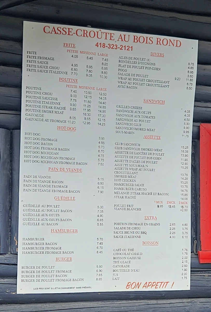 Menu, Casse-croute au Bois Rond