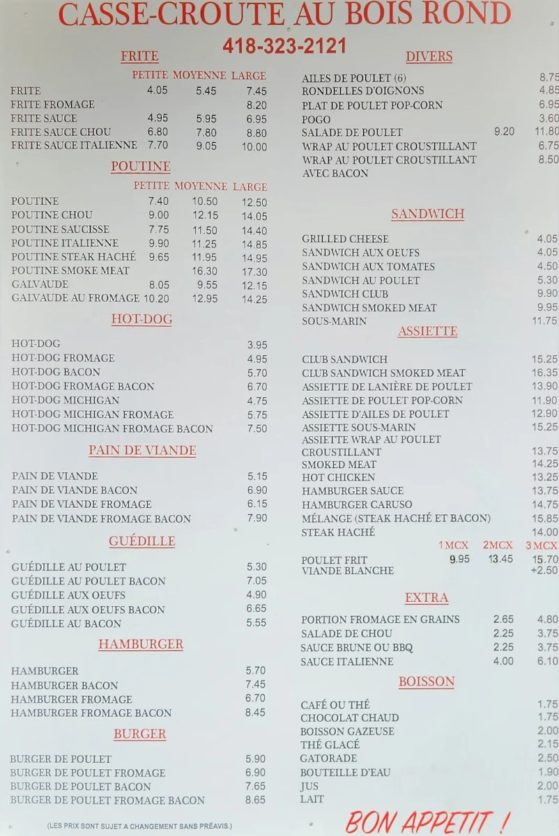 Menu, Casse-croute au Bois Rond