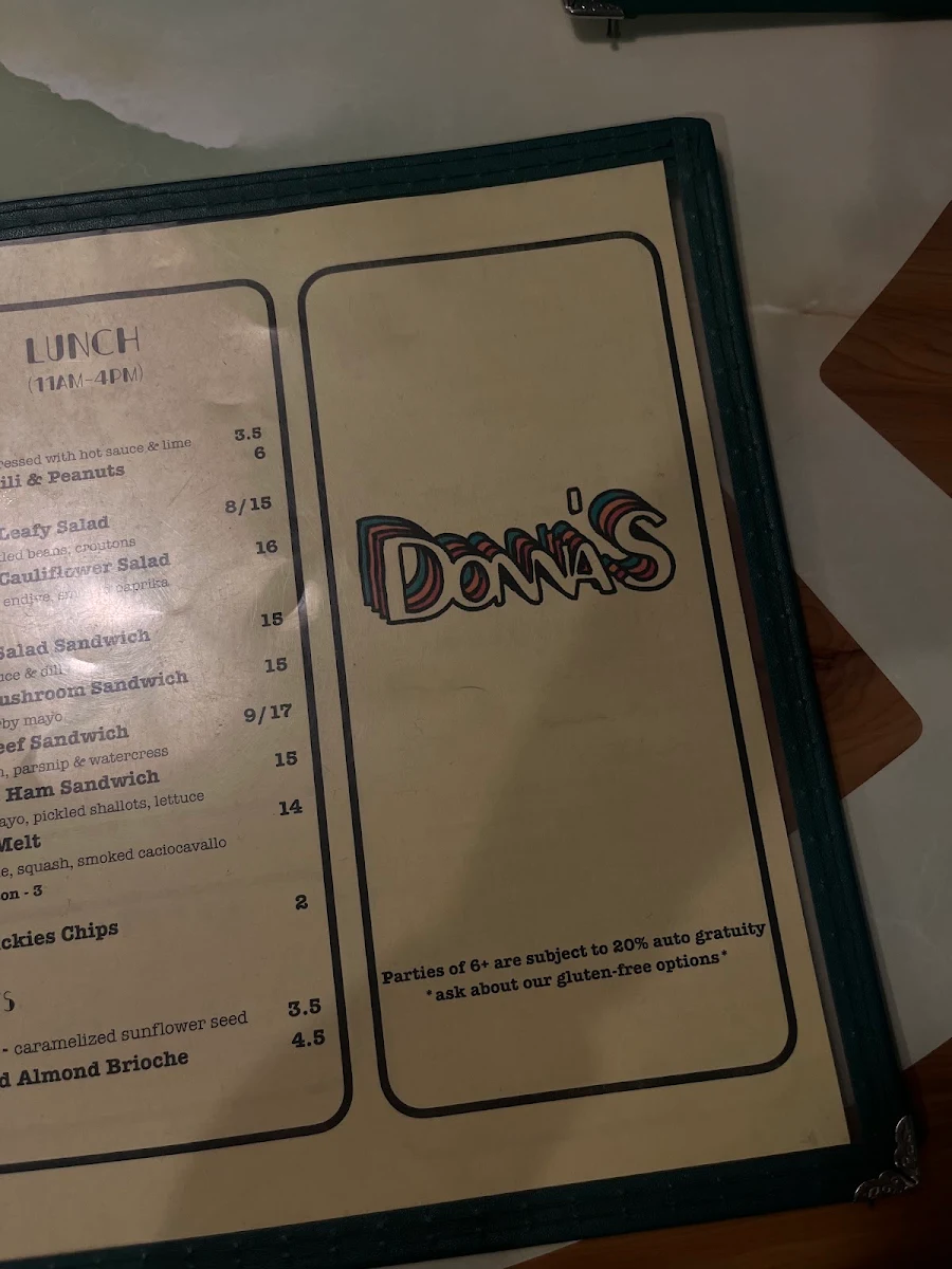 Menu, Donna’s