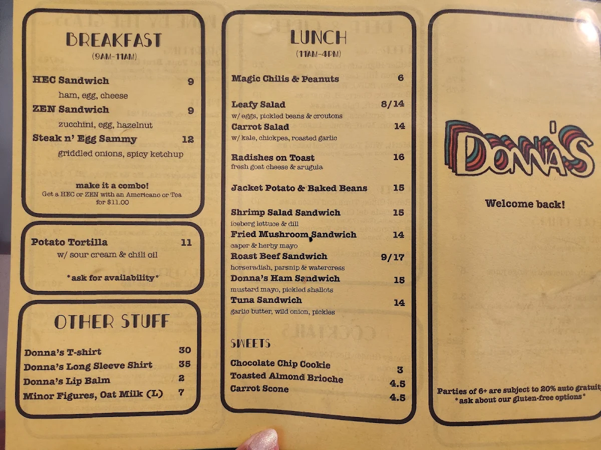Menu, Donna’s