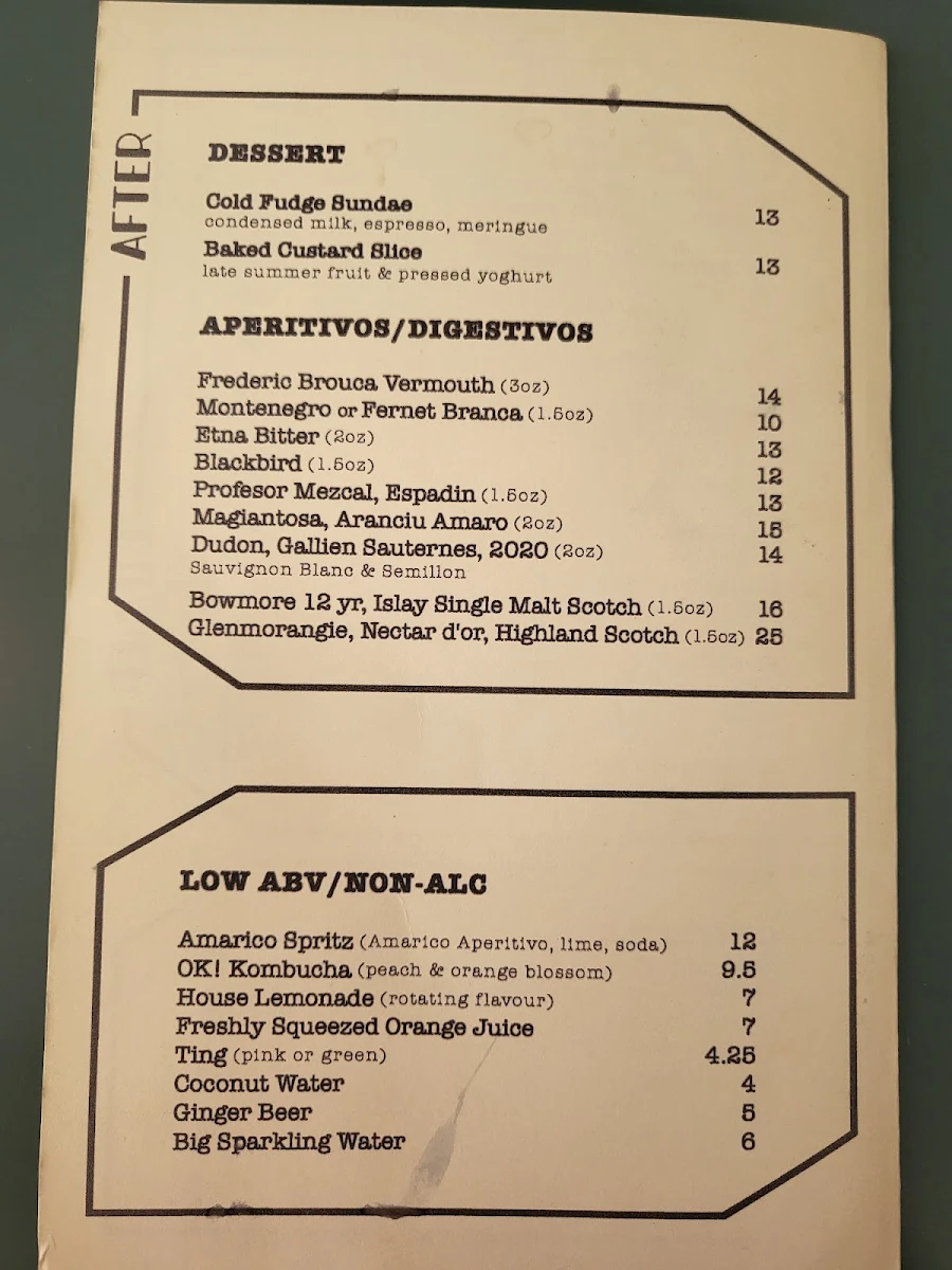Menu, Donna’s