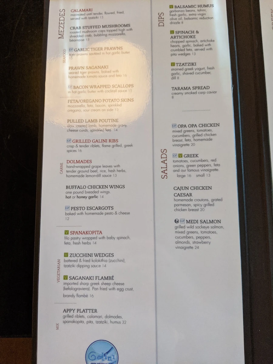 Menu, Galini Greek Kouzina & Grill