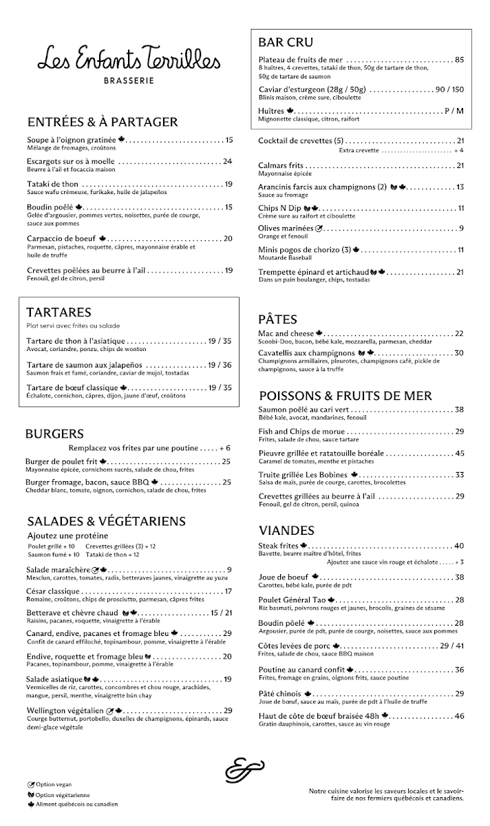 Menu, Les Enfants Terribles — L'Île-des-Sœurs