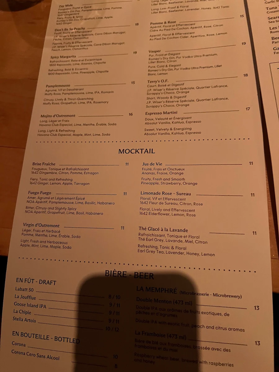 Menu, Les Enfants Terribles — L'Île-des-Sœurs