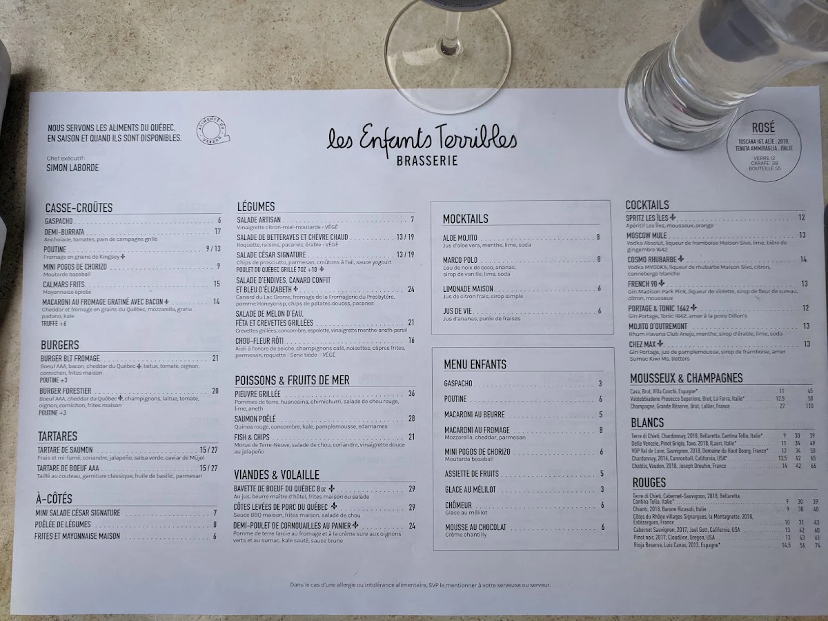 Menu, Les Enfants Terribles — L'Île-des-Sœurs