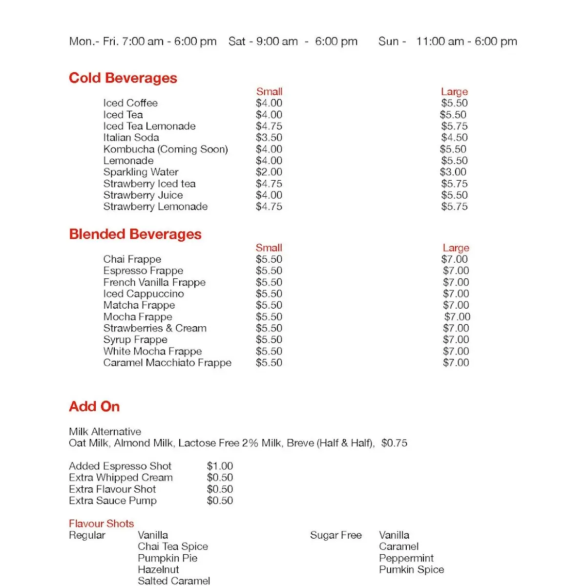 Menu, Sweet Tree Cafe