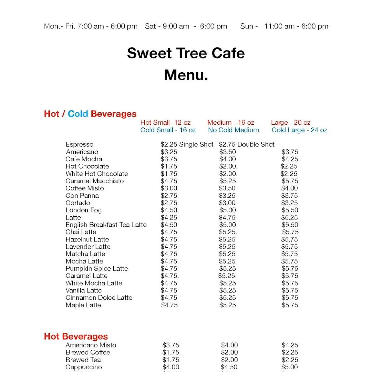 Menu, Sweet Tree Cafe