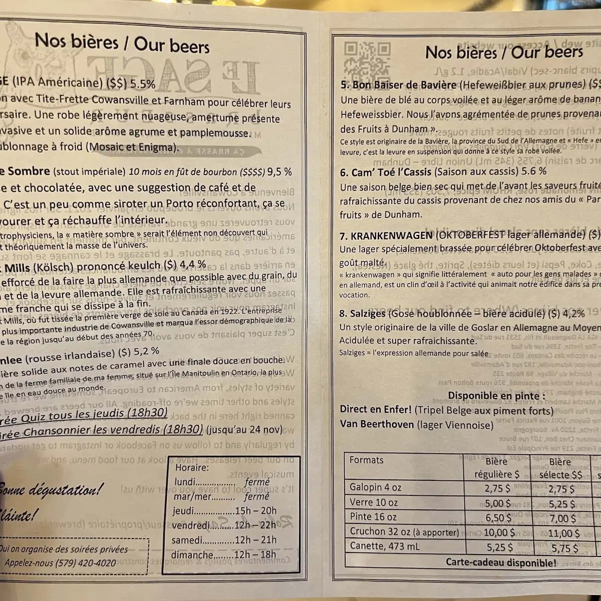 Menu, Le Sage Brasseur - Microbrasserie Artisanale