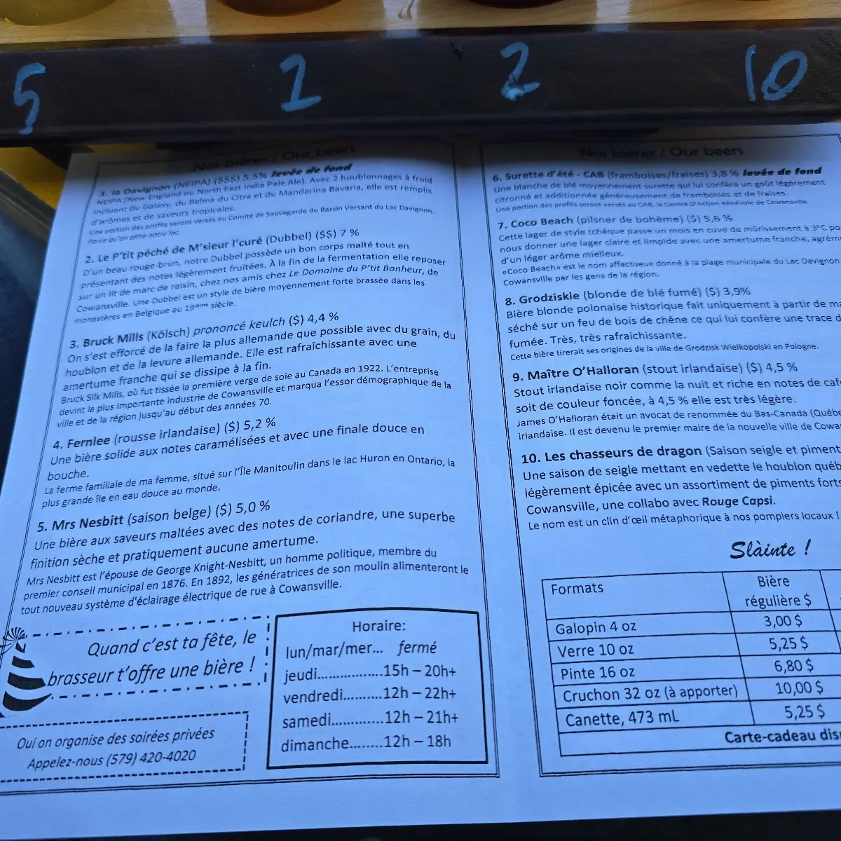Menu, Le Sage Brasseur - Microbrasserie Artisanale