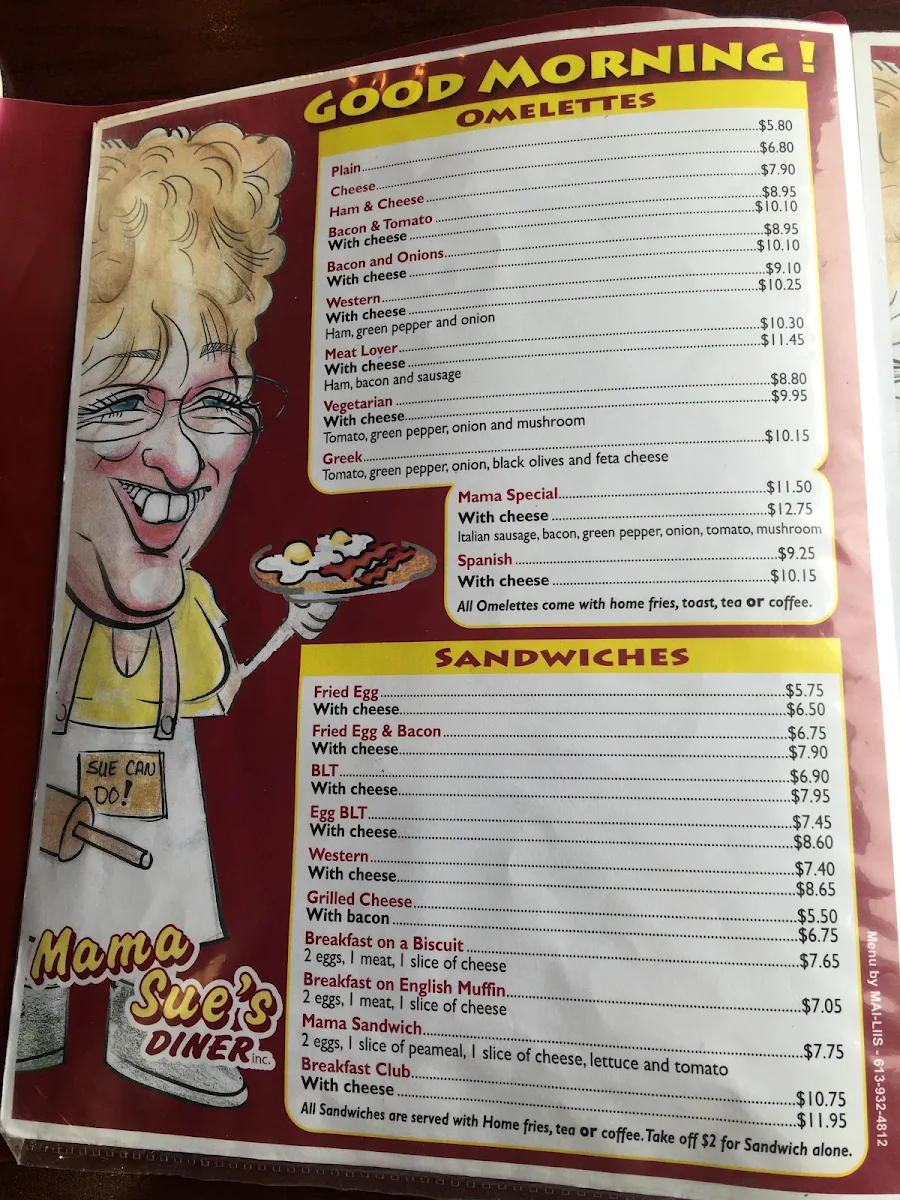 Menu, Mama Sue's Diner Inc