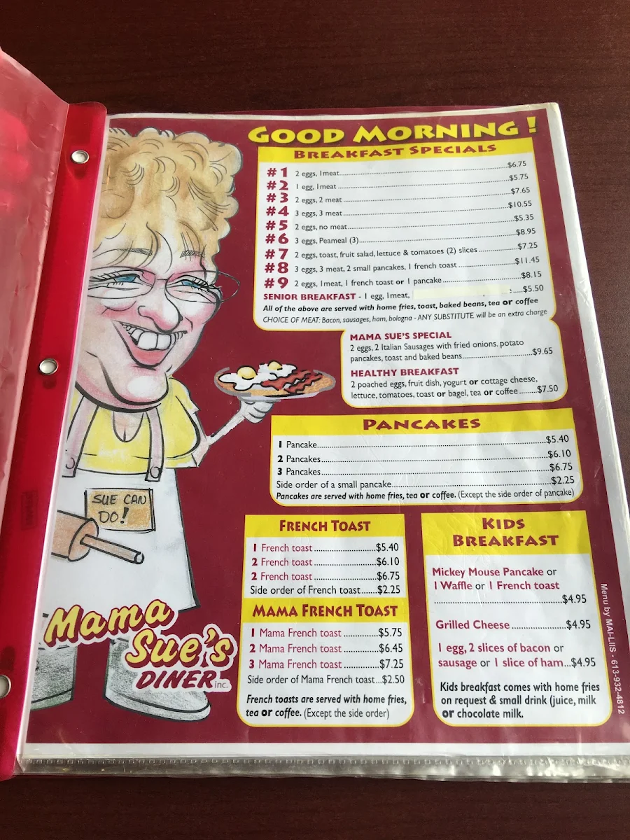 Menu, Mama Sue's Diner Inc